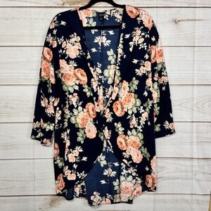 Emery Rose Navy Blue Floral Open Front Kimono Cardigan 2XL Peach Flower Print